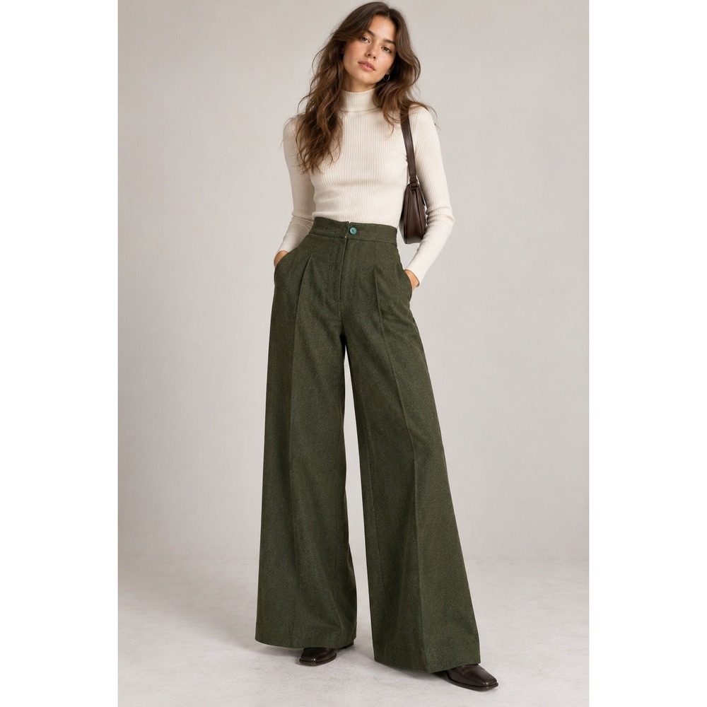 Vintage 70s Rose Best Quality Womens XS Olive High Waist Wide Leg Trousers
